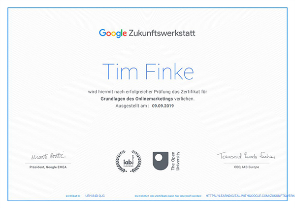 Google Zukunftswerkstatt Zertifikat